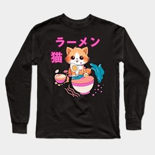 Japanese ramen cat sand Long Sleeve T-Shirt